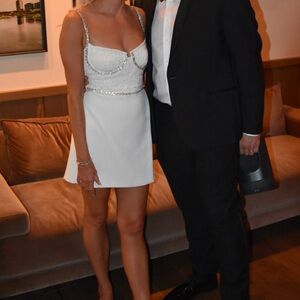 Women’s self-portrait crystal and lace embellished twill mini dress